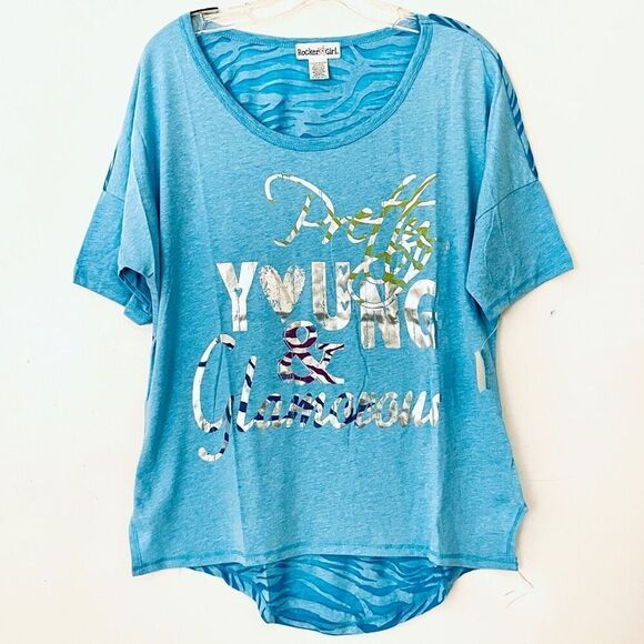 NWT Rocker Girl XXL Pretty Young & Glamorous Blue Short Sleeve High Low T- Shirt - Picture 1 of 10